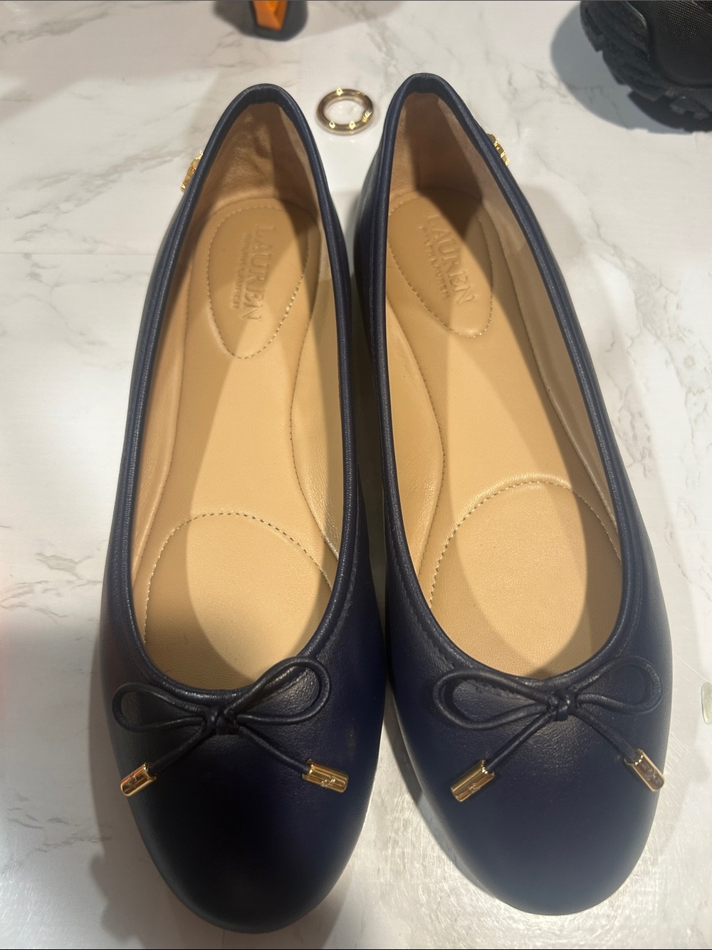 Lauren Ralph Lauren Jayna Leather Bow Ballet Flats with Gold Accents